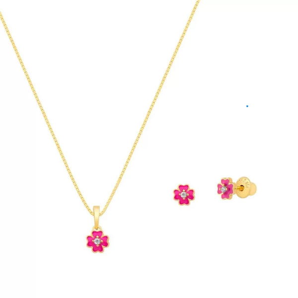 Conjunto Semijoia Infantil Flor com Pedra de Zircônia detalhe com Esmalte Rosa Pink