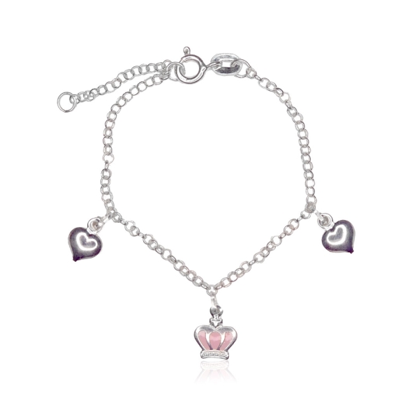 Pulseira Infantil Coroa Rosa Princess Prata 925